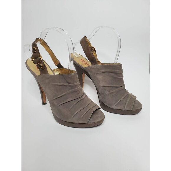 Kors Michael Kors Grey Suede Slingback Peep Toe Platform Heels Leather Slouchy - Picture 1 of 8